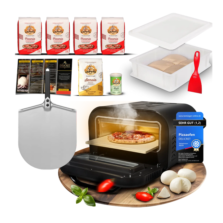 DELICRET elektrischer Pizzaofen 12” mit Pizzaschieber & Pizzateig Starter Kit