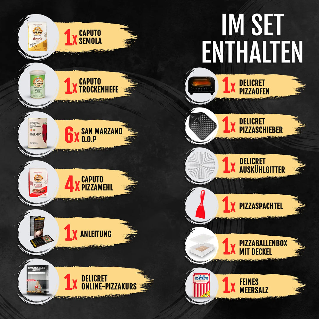 DELICRET elektrischer Pizzaofen 12” mit Pizzaschieber & Pizzateig Deluxe Kit mit San Marzano Tomaten