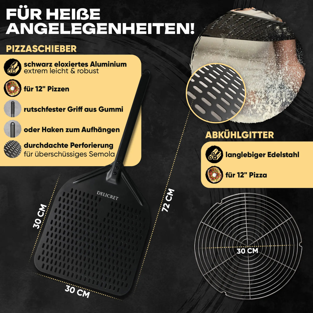 DELICRET elektrischer Pizzaofen 12” mit Pizzaschieber & Pizzateig Starter Kit