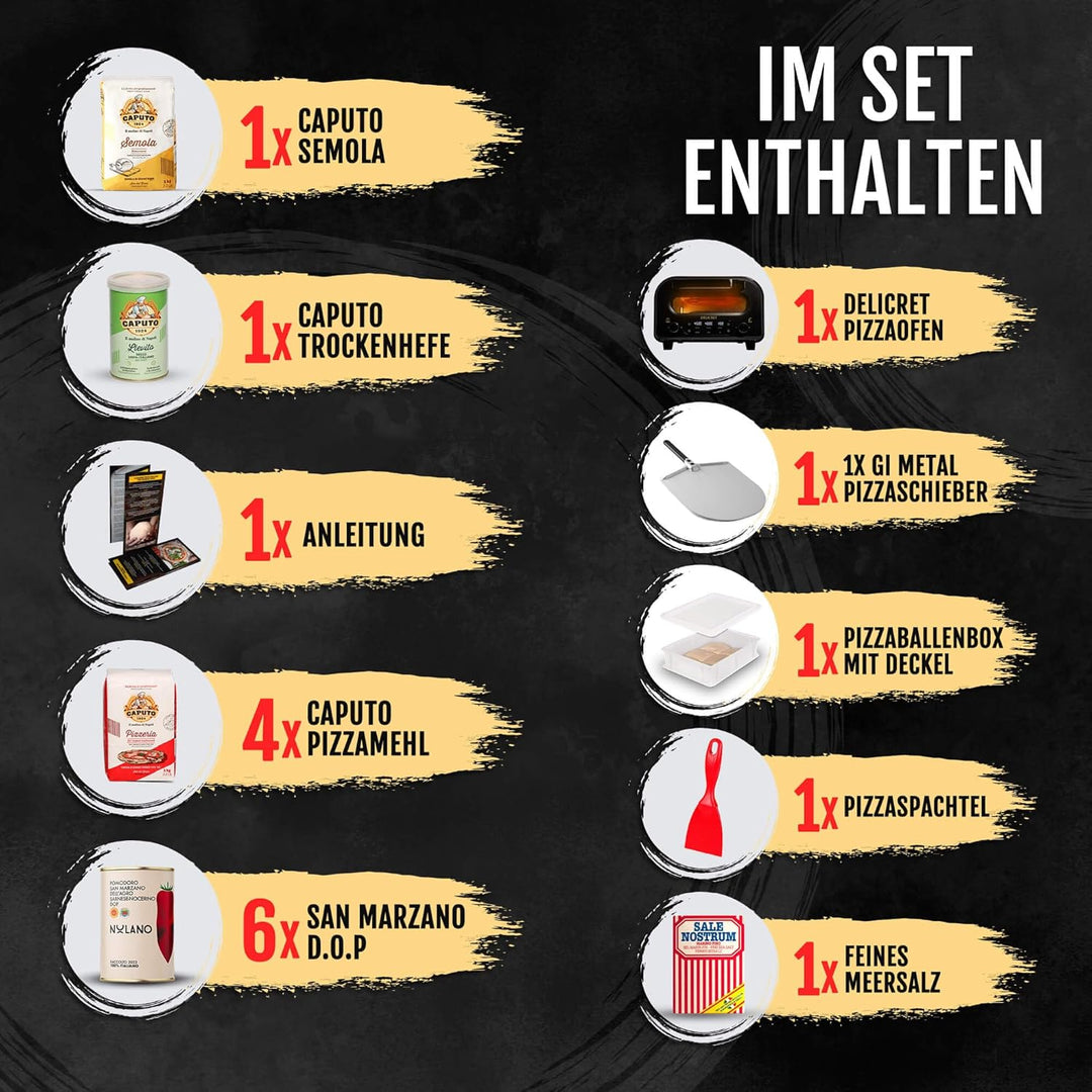 DELICRET elektrischer Pizzaofen 12” mit Pizzaschieber & Pizzateig Deluxe Kit mit San Marzano Tomaten