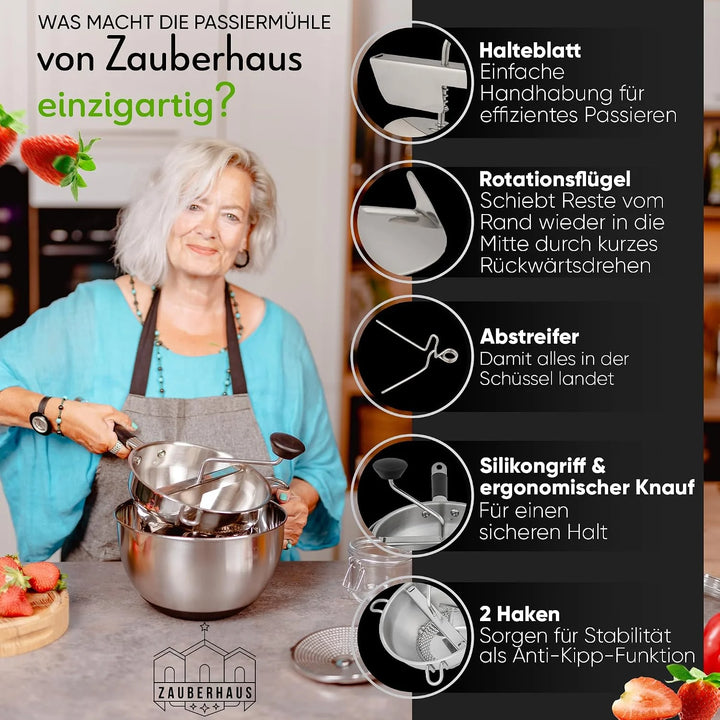 Zauberhaus Passiermühle aus Edelstahl inkl. Schüssel, 3 Siebe & Abstreifer