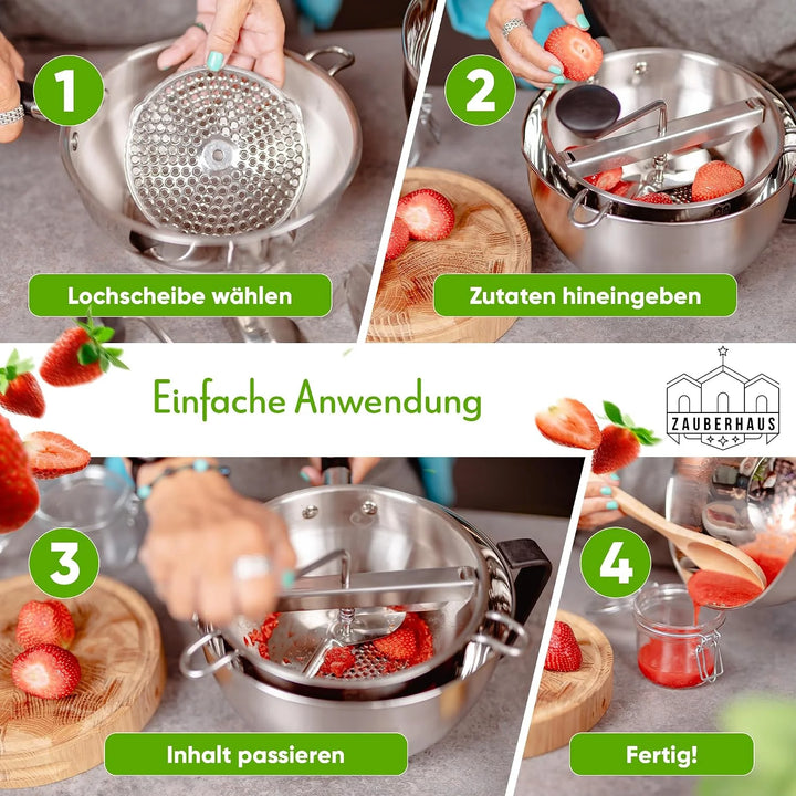 Zauberhaus Passiermühle aus Edelstahl inkl. 2 Trichter, 3 Siebe & Abstreifer