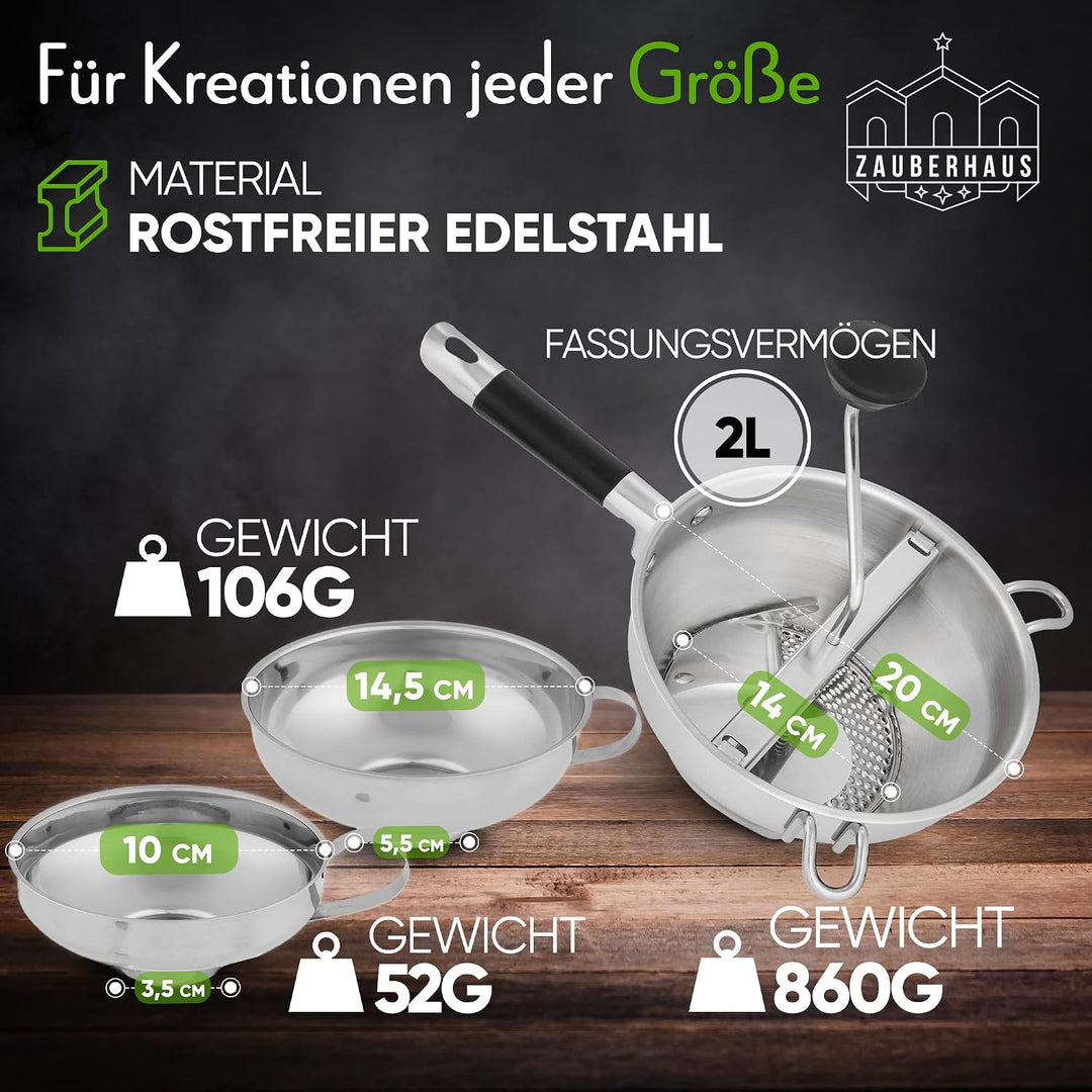Zauberhaus Passiermühle aus Edelstahl inkl. 2 Trichter, 3 Siebe & Abstreifer
