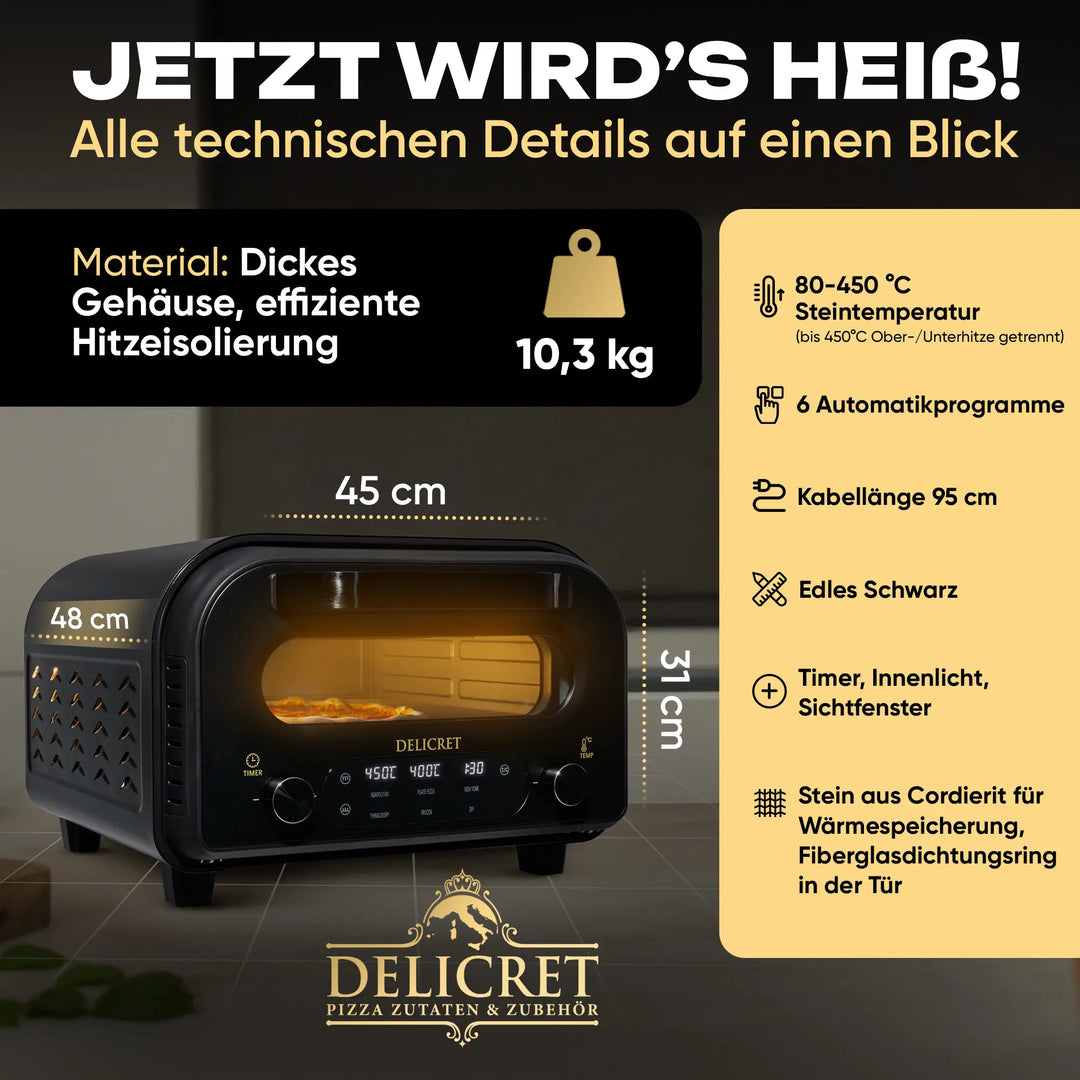 DELICRET elektrischer Pizzaofen 12” mit Pizzaschieber & Pizzateig Deluxe Kit mit San Marzano Tomaten