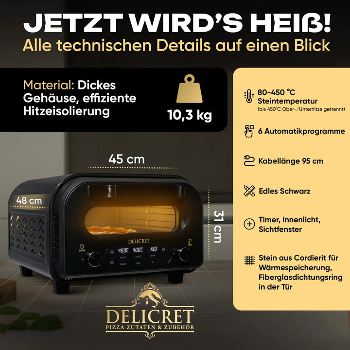 DELICRET elektrischer Pizzaofen 12” mit Pizzaschieber & Pizzateig Starter Kit