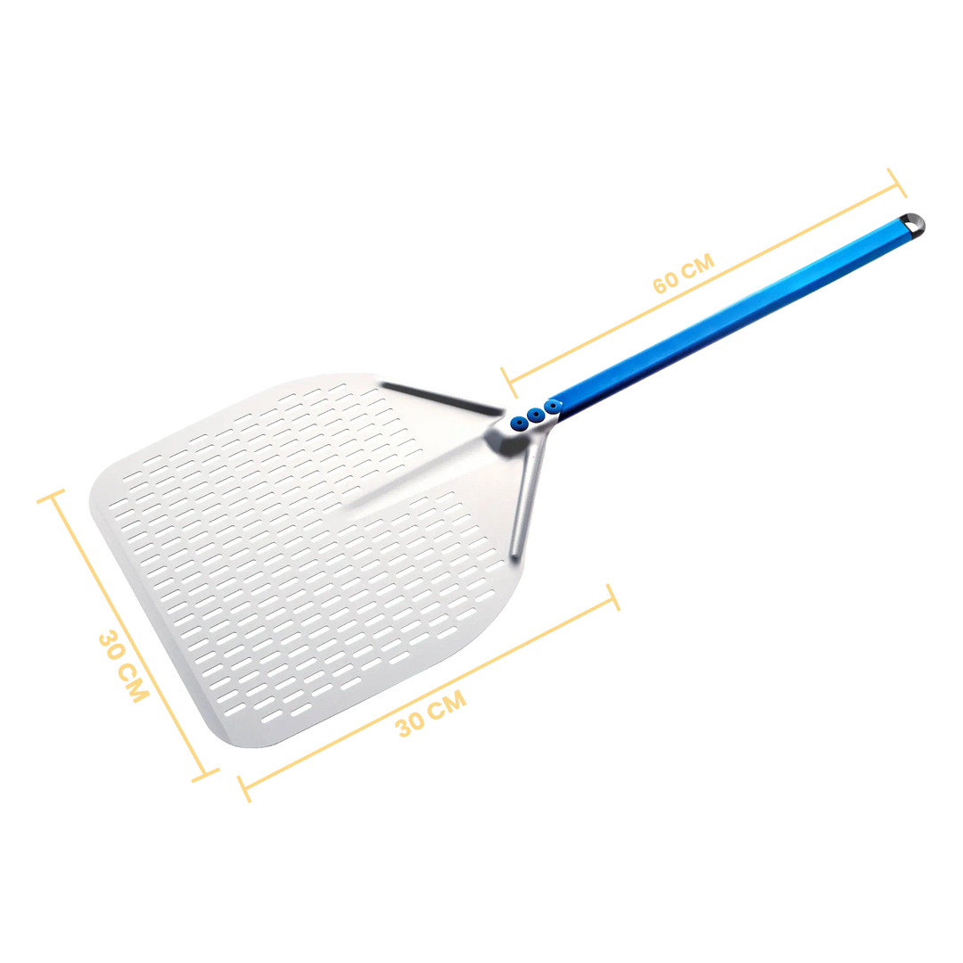 Gi Metal - Azzurra Pizzaschieber perforiert | Ø 30 cm | Stiel 60 cm | eckig