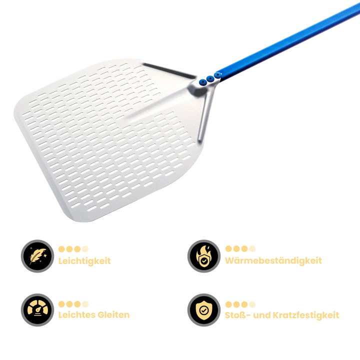 Gi Metal - Azzurra Pizzaschieber perforiert | Ø 30 cm | Stiel 60 cm | eckig