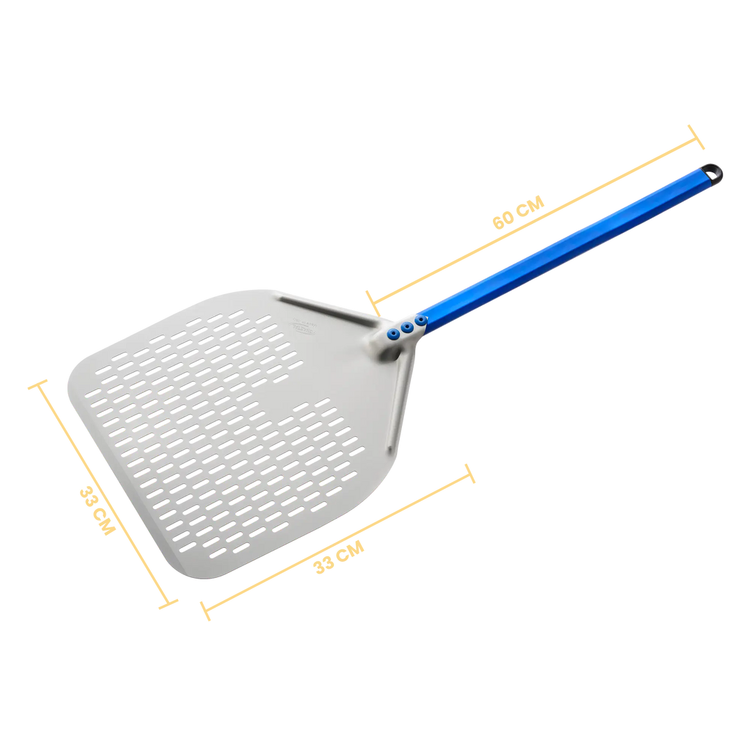 Gi Metal - Azzurra Pizzaschieber perforiert | Ø 33 cm | Stiel 60 cm | eckig
