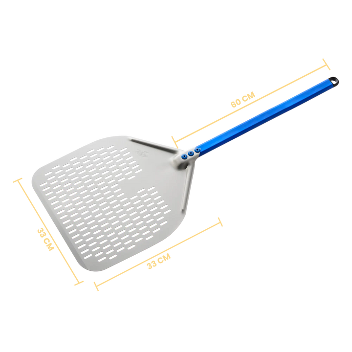 Gi Metal - Azzurra Pizzaschieber perforiert | Ø 33 cm | Stiel 60 cm | eckig