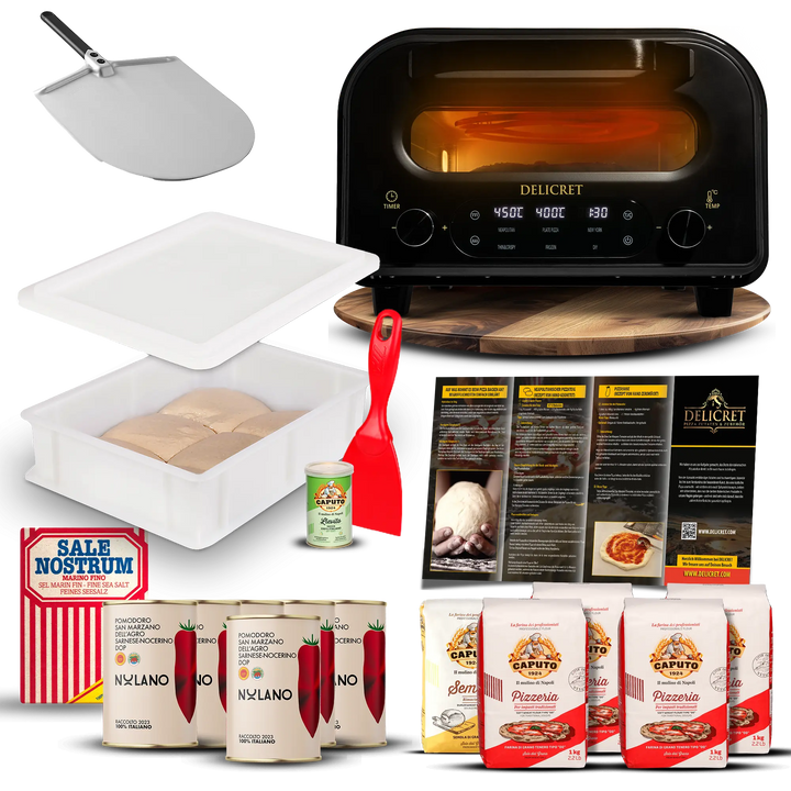 DELICRET elektrischer Pizzaofen 12” mit Pizzaschieber & Pizzateig Deluxe Kit mit San Marzano Tomaten