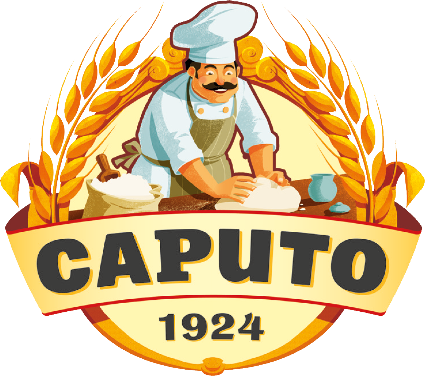 Das Logo von Antimo Caputo, die Mühle von Neapel seit 1924. Im Logo bereitet ein Pizzabäcker ein Teig zu mit Caputo Pizzamehl