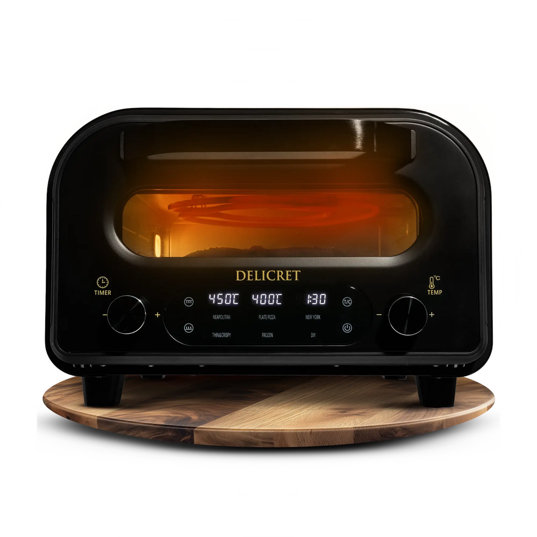 DELICRET elektrischer Pizzaofen 12” mit Pizzaschieber & Pizzateig Deluxe Kit mit San Marzano Tomaten