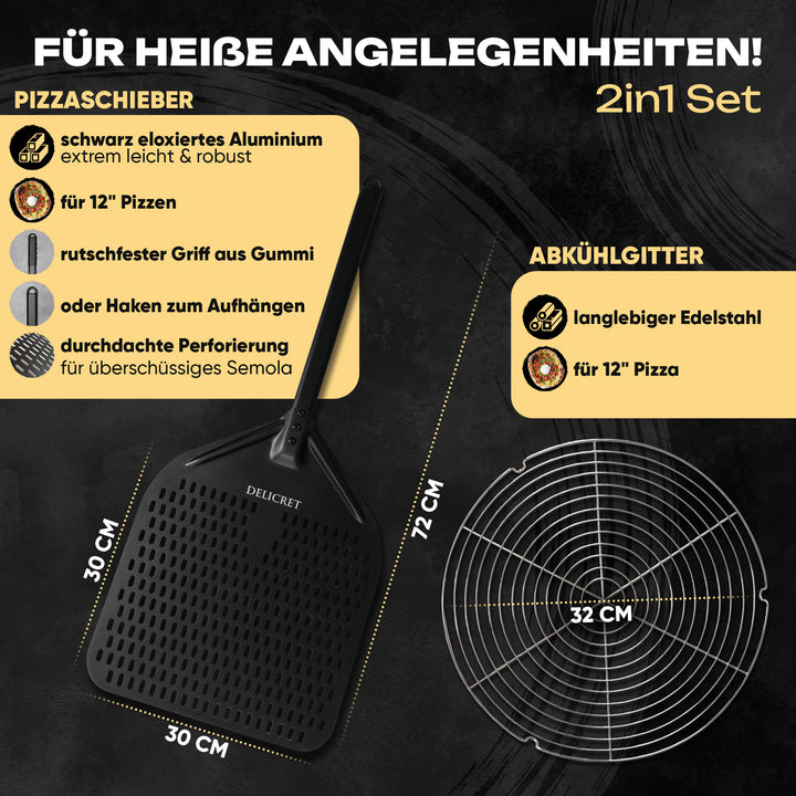 DELICRET - 12" (30cm⌀) Pizzaschieber + 32cm⌀ Auskühlgitter für extra Knusper