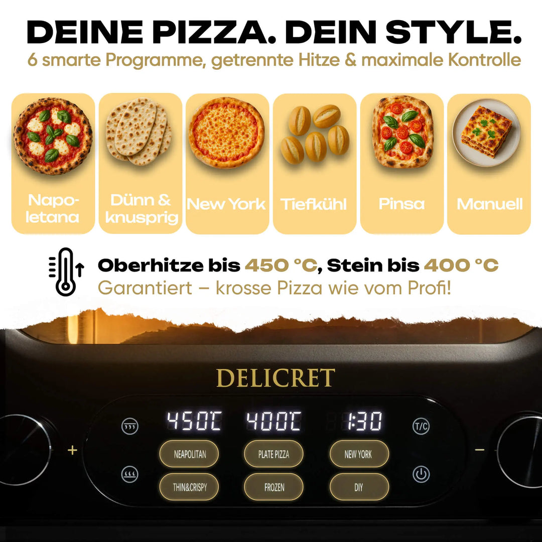 DELICRET elektrischer Pizzaofen 12” mit Pizzaschieber & Pizzateig Deluxe Kit mit San Marzano Tomaten