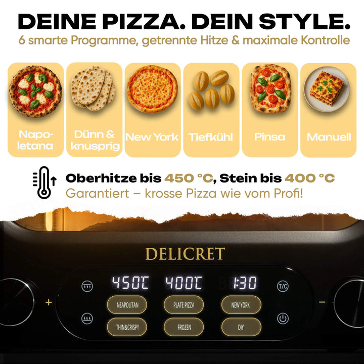 DELICRET elektrischer Pizzaofen 12” mit Pizzaschieber & Pizzateig Deluxe Kit mit San Marzano Tomaten