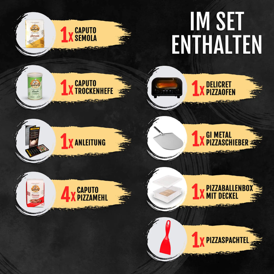DELICRET elektrischer Pizzaofen 12” mit Pizzaschieber & Pizzateig Starter Kit