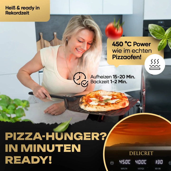 DELICRET elektrischer Pizzaofen 12” mit Pizzaschieber & Pizzateig Deluxe Kit mit San Marzano Tomaten