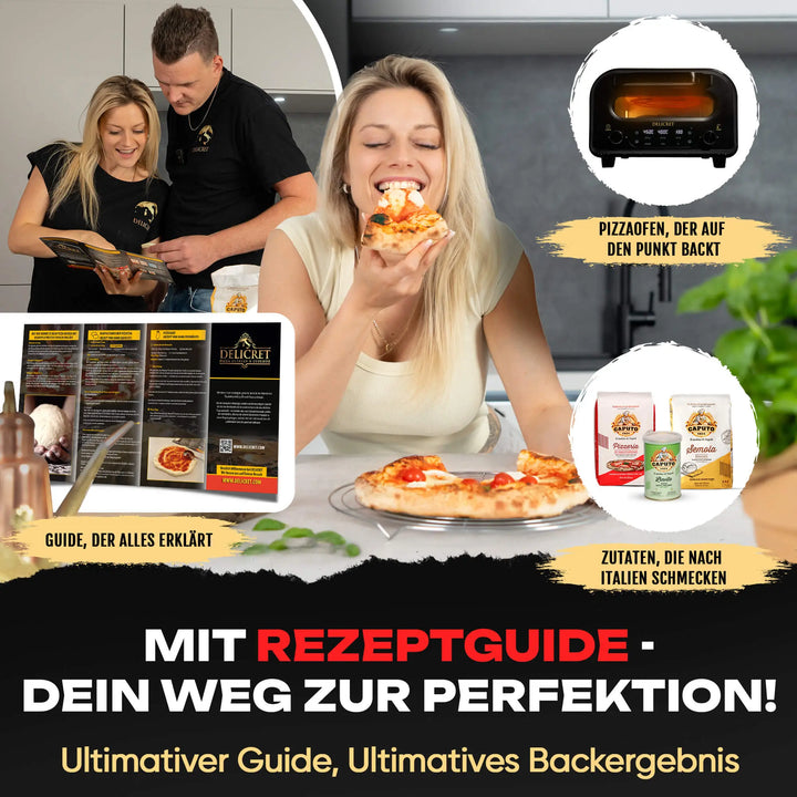 DELICRET elektrischer Pizzaofen 12” mit Pizzaschieber & Pizzateig Deluxe Kit mit San Marzano Tomaten
