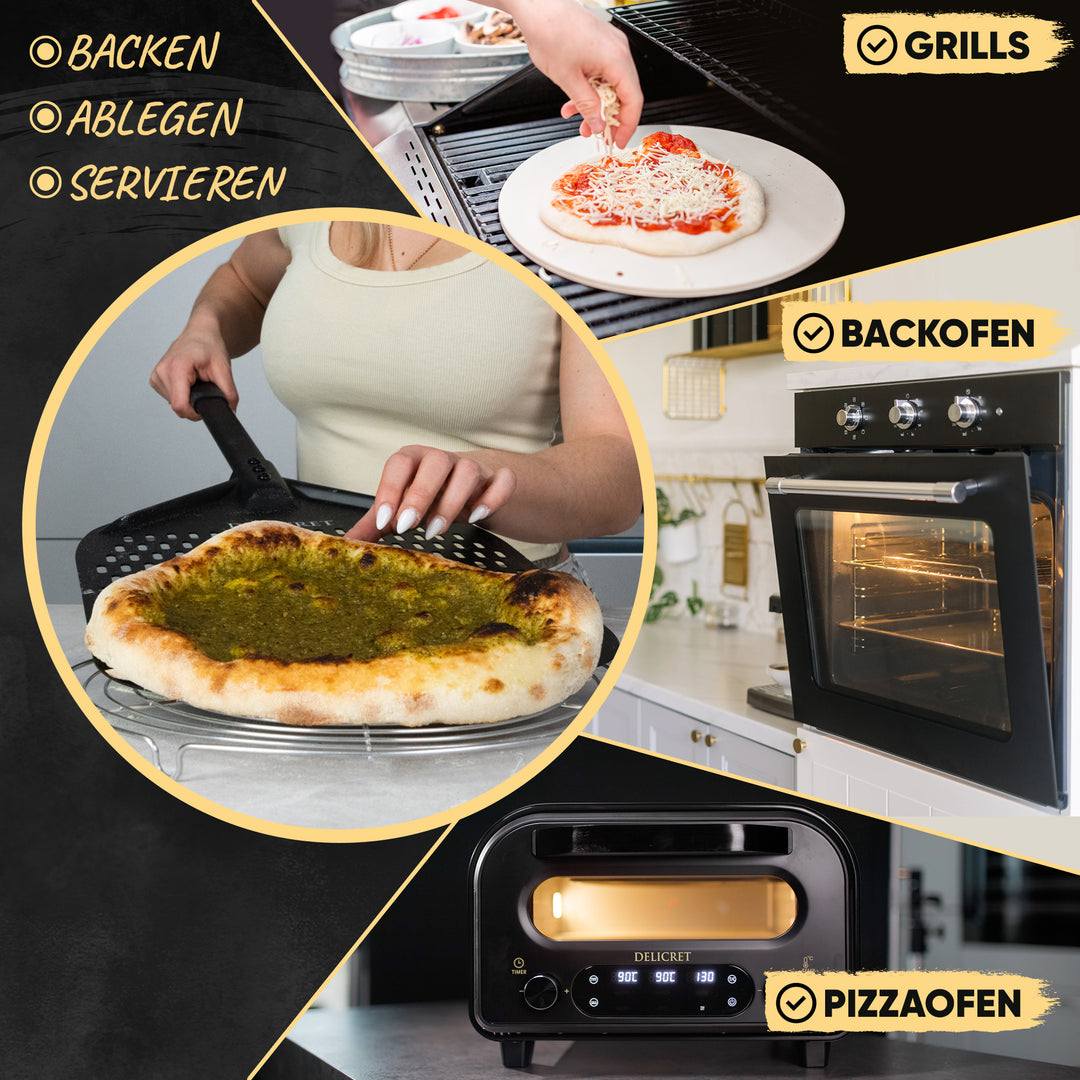 DELICRET - 14" (35cm⌀) Pizzaschieber + 37cm⌀ Auskühlgitter für extra Knusper
