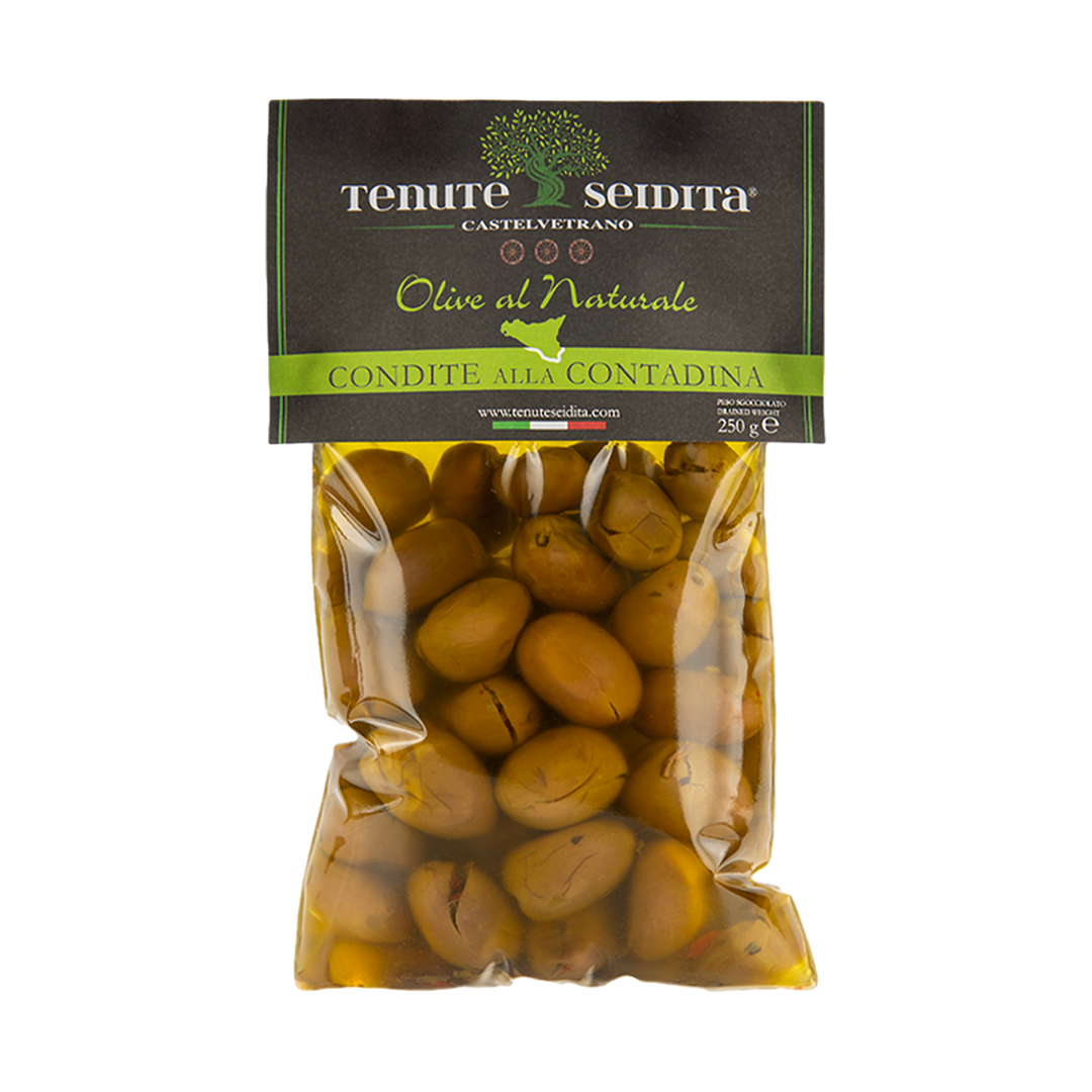 Tenute Seidita - 250g - Grüne Oliven gewürzt nach bäuerlicher Art mit Chili, Knoblauch, Oregano, Fenchel