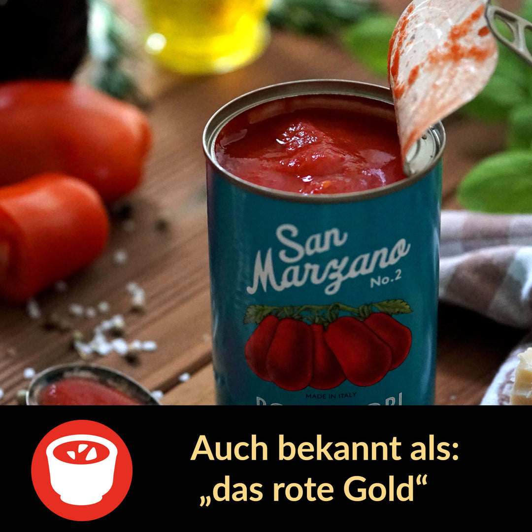 San Marzano Tomate Dose geöffnet. Auch bekannt als "das rote Gold" bekannt.